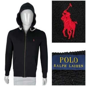 Polo Ralph Lauren Mens Small Hoodie Black Full Zip Embroidered Red Logo Cotton